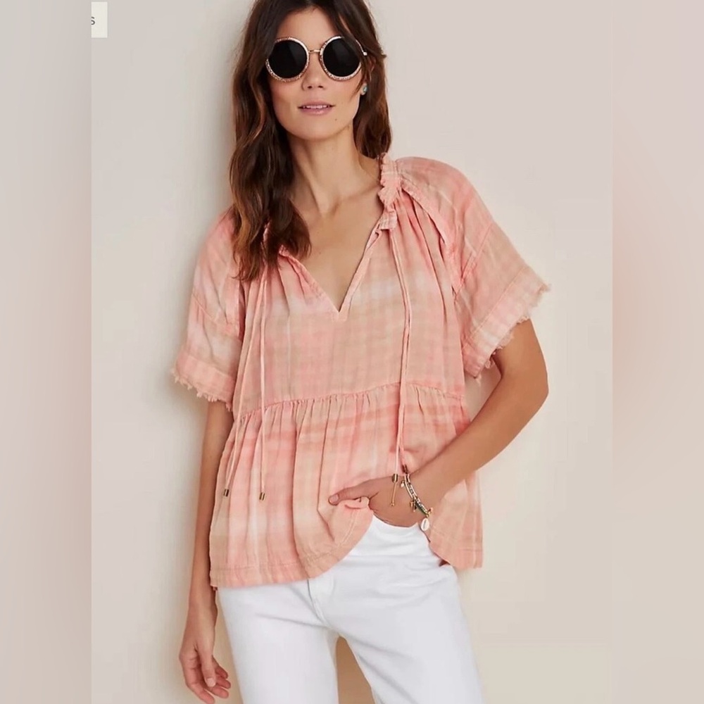 Anthropologie Peach Plaid Blouse